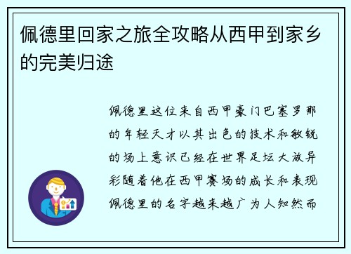 佩德里回家之旅全攻略从西甲到家乡的完美归途